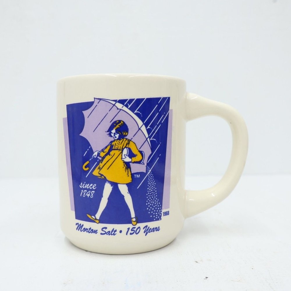 2/$20 1968 Logo Advertising Morton Salt When It Rains It Pours 8 Oz Coffee Mug